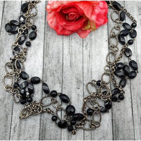 Silver Tone & Black Bead Twisted Multi Chain Statement Necklace Layer Adjustable - Picture 2 of 10